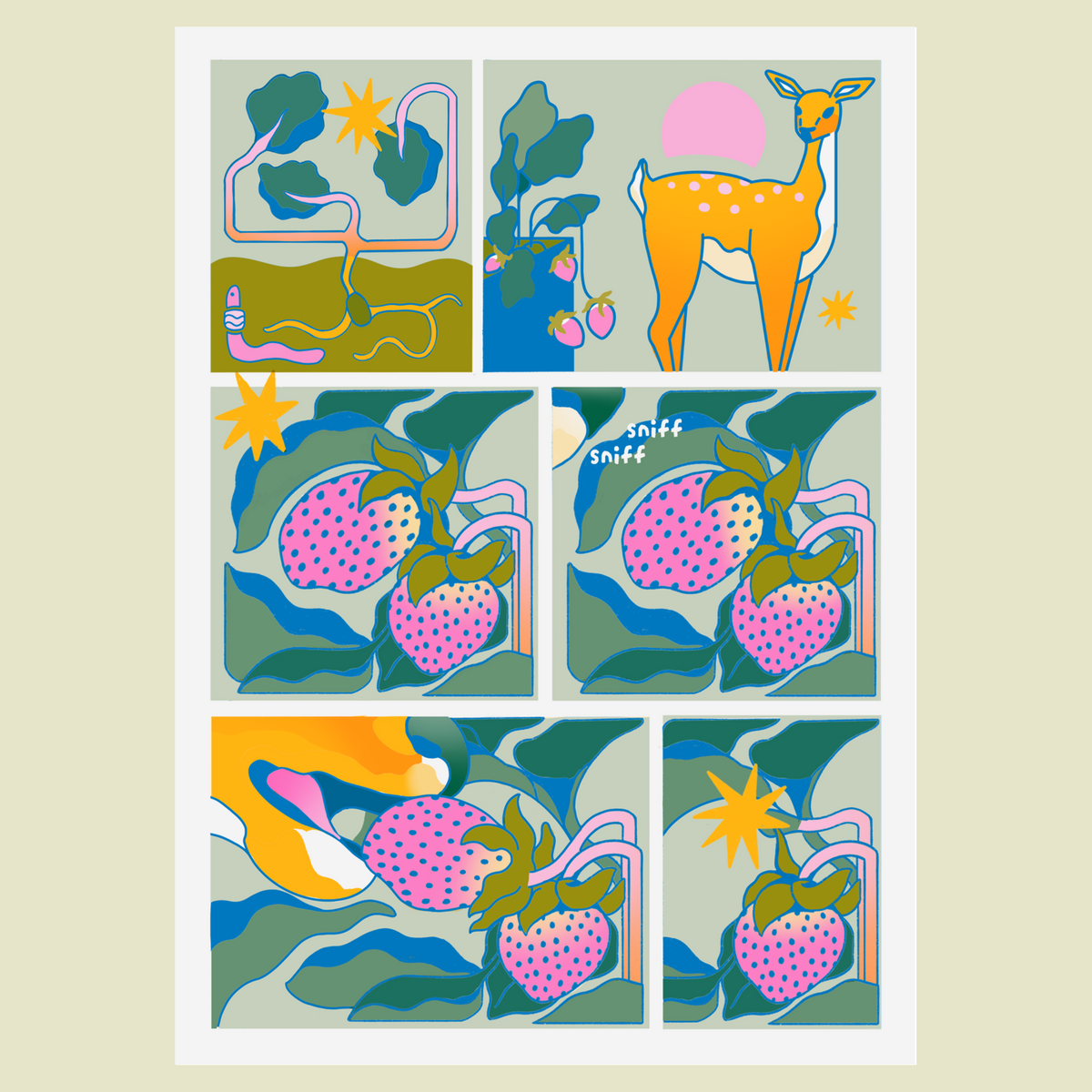 Strawberry Deer Comic Print